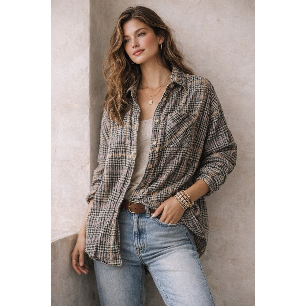 Women's Free People‎ Plaid Gauzy Cotton Oversized Button Up Shirt Boho Small S